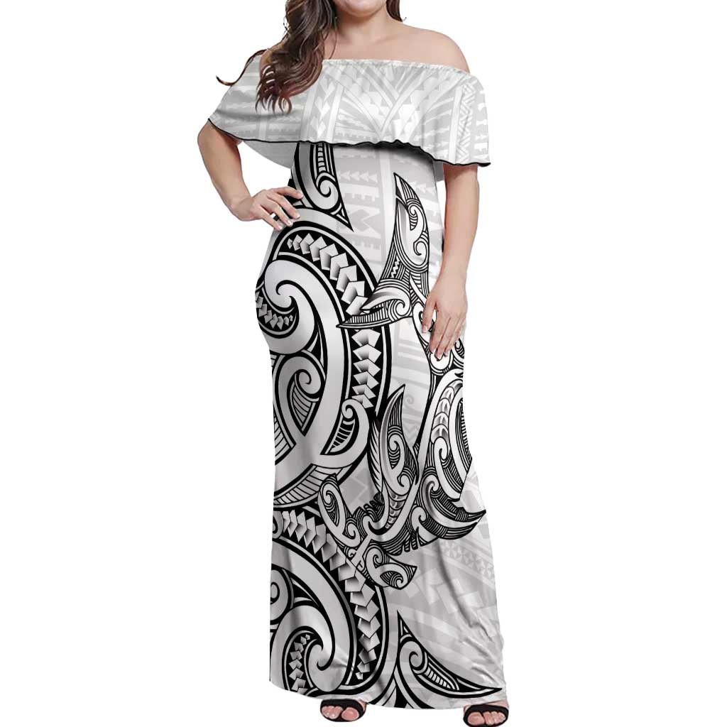 New Zealand Hammerhead Shark Off Shoulder Maxi Dress Maori Haehae Mangopare White - Aussie Hoodie