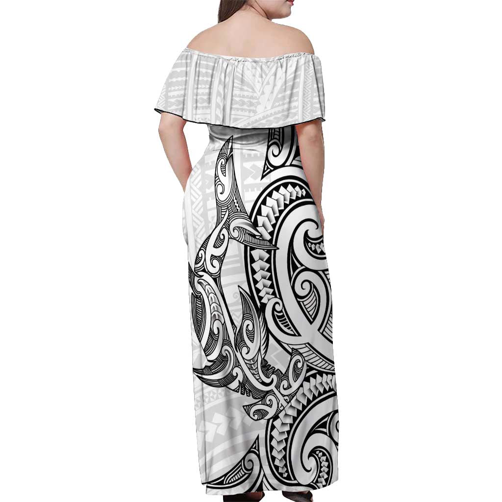 New Zealand Hammerhead Shark Off Shoulder Maxi Dress Maori Haehae Mangopare White - Aussie Hoodie