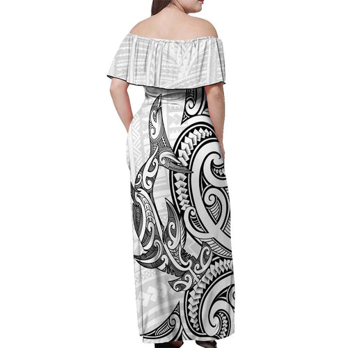 New Zealand Hammerhead Shark Off Shoulder Maxi Dress Maori Haehae Mangopare White - Aussie Hoodie
