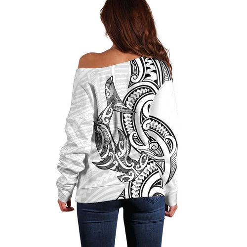 New Zealand Hammerhead Shark Off Shoulder Sweater Maori Haehae Mangopare White - Aussie Hoodie