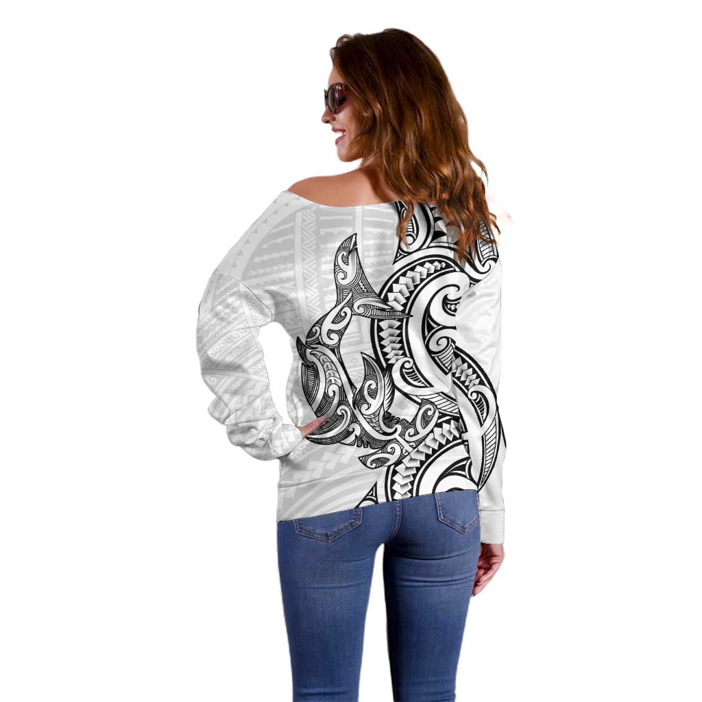 New Zealand Hammerhead Shark Off Shoulder Sweater Maori Haehae Mangopare White - Aussie Hoodie