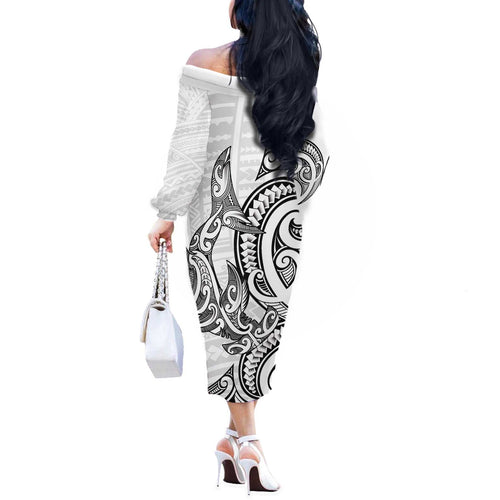 New Zealand Hammerhead Shark Off The Shoulder Long Sleeve Dress Maori Haehae Mangopare White - Aussie Hoodie