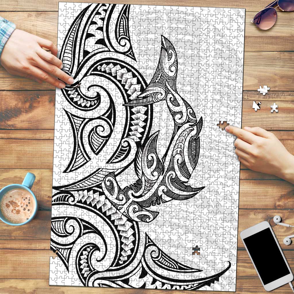 New Zealand Hammerhead Shark Puzzle Maori Haehae Mangopare White - Aussie Hoodie