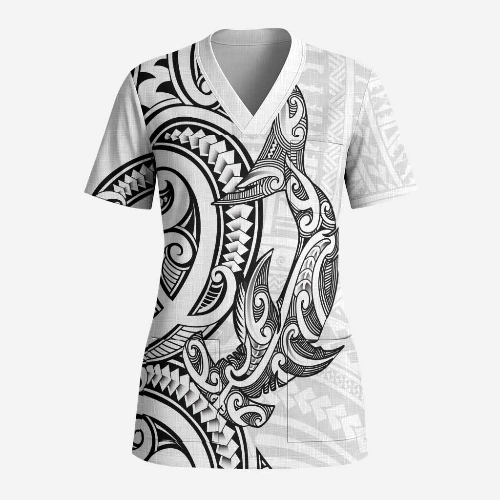 New Zealand Hammerhead Shark Scrub Top Maori Haehae Mangopare White - Aussie Hoodie