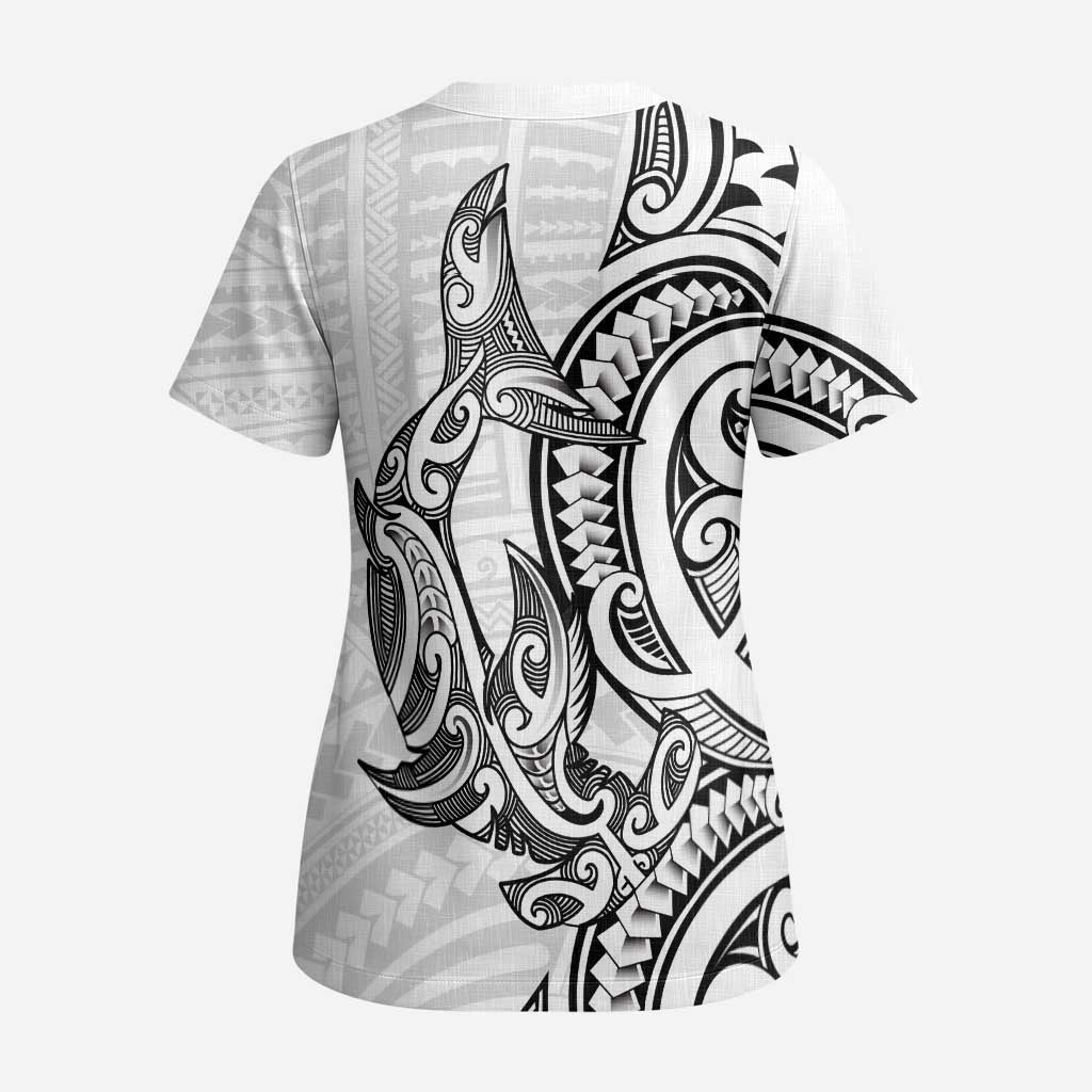 New Zealand Hammerhead Shark Scrub Top Maori Haehae Mangopare White - Aussie Hoodie