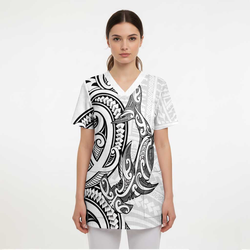 New Zealand Hammerhead Shark Scrub Top Maori Haehae Mangopare White - Aussie Hoodie