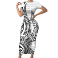 New Zealand Hammerhead Shark Short Sleeve Bodycon Dress Maori Haehae Mangopare White - Aussie Hoodie