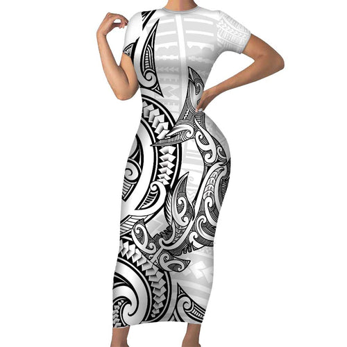 New Zealand Hammerhead Shark Short Sleeve Bodycon Dress Maori Haehae Mangopare White - Aussie Hoodie