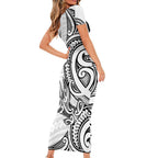 New Zealand Hammerhead Shark Short Sleeve Bodycon Dress Maori Haehae Mangopare White - Aussie Hoodie