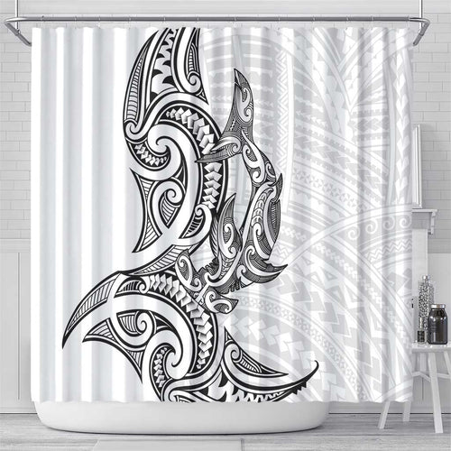 New Zealand Hammerhead Shark Shower Curtain Maori Haehae Mangopare White - Aussie Hoodie