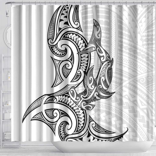 New Zealand Hammerhead Shark Shower Curtain Maori Haehae Mangopare White - Aussie Hoodie