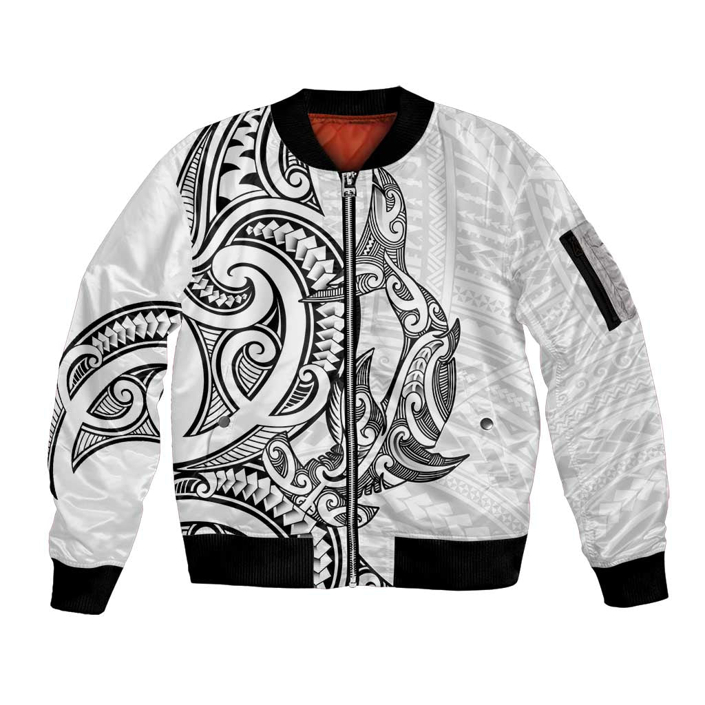 New Zealand Hammerhead Shark Sleeve Zip Bomber Jacket Maori Haehae Mangopare White - Aussie Hoodie