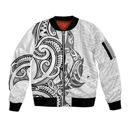 New Zealand Hammerhead Shark Sleeve Zip Bomber Jacket Maori Haehae Mangopare White - Aussie Hoodie