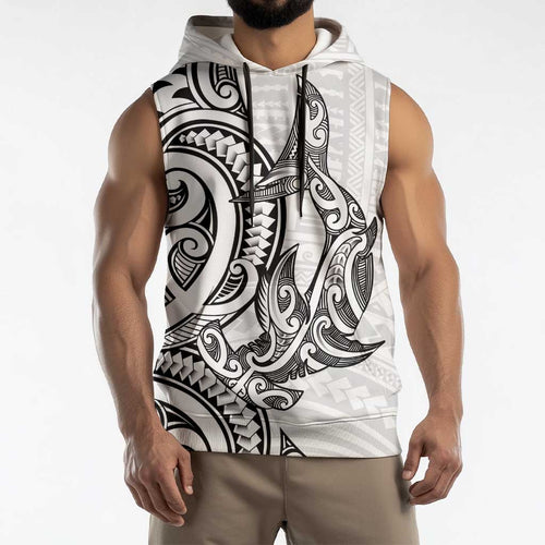New Zealand Hammerhead Shark Sleeveless Hoodie Maori Haehae Mangopare White - Aussie Hoodie