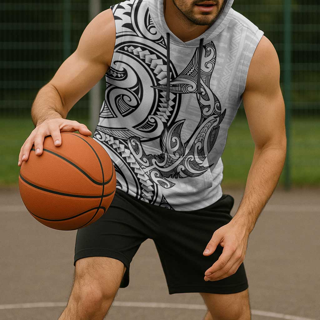 New Zealand Hammerhead Shark Sleeveless Hoodie Maori Haehae Mangopare White - Aussie Hoodie