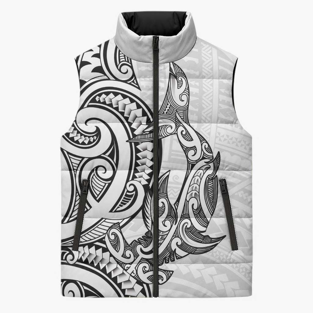 New Zealand Hammerhead Shark Sleeveless Puffer Jacket Maori Haehae Mangopare White - Aussie Hoodie