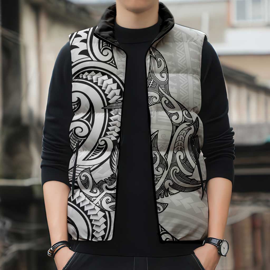 New Zealand Hammerhead Shark Sleeveless Puffer Jacket Maori Haehae Mangopare White - Aussie Hoodie