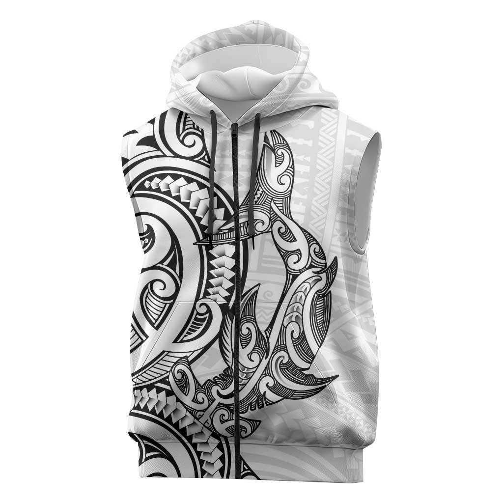 New Zealand Hammerhead Shark Sleeveless Zip Hoodie Maori Haehae Mangopare White LT14
