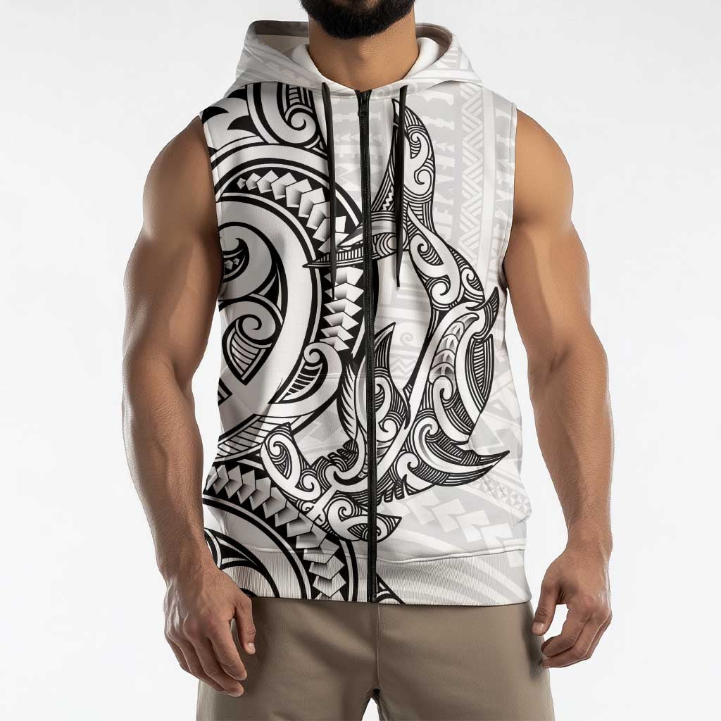 New Zealand Hammerhead Shark Sleeveless Zip Hoodie Maori Haehae Mangopare White LT14