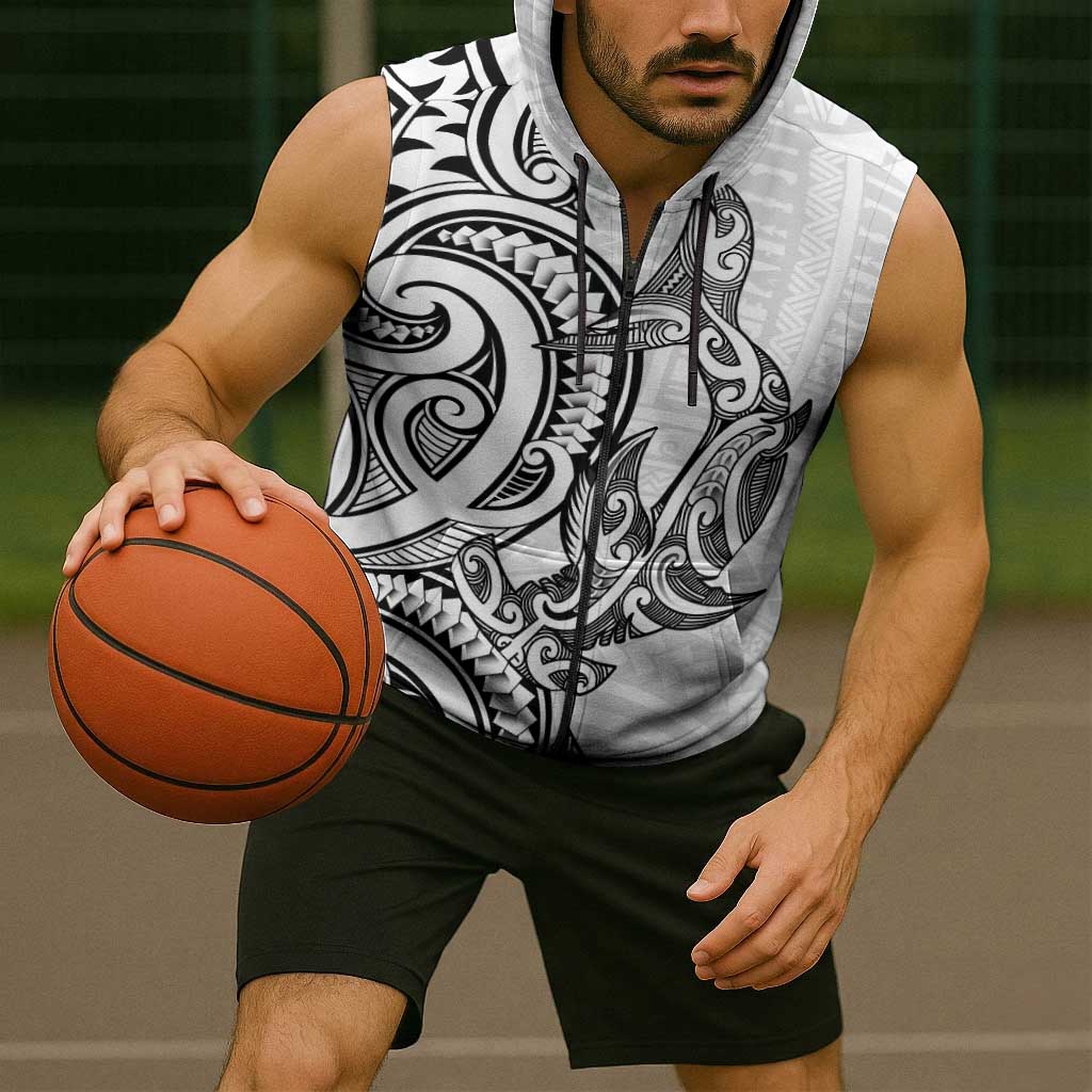 New Zealand Hammerhead Shark Sleeveless Zip Hoodie Maori Haehae Mangopare White LT14