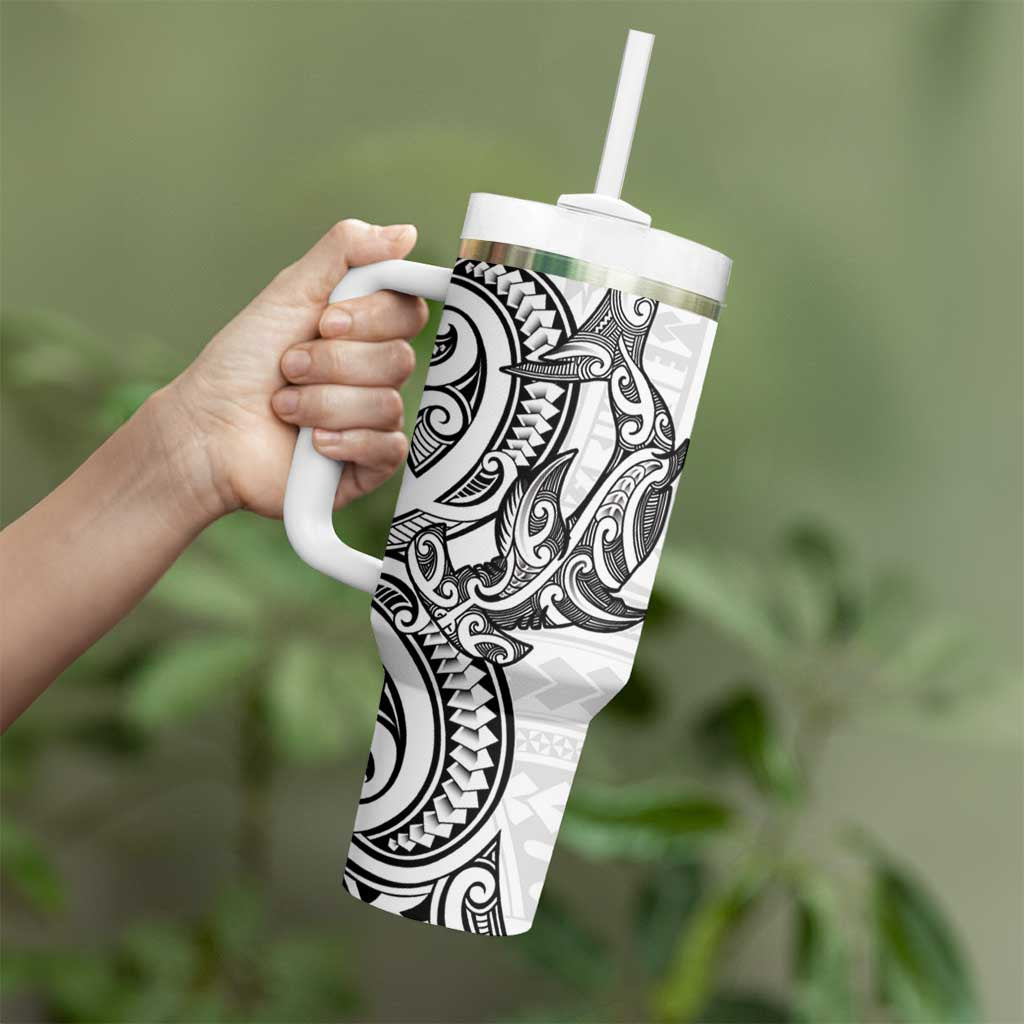 New Zealand Hammerhead Shark Tumbler With Handle Maori Haehae Mangopare White - Aussie Hoodie