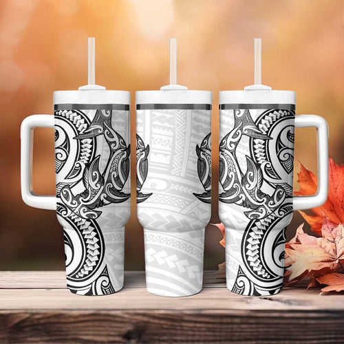 New Zealand Hammerhead Shark Tumbler With Handle Maori Haehae Mangopare White - Aussie Hoodie