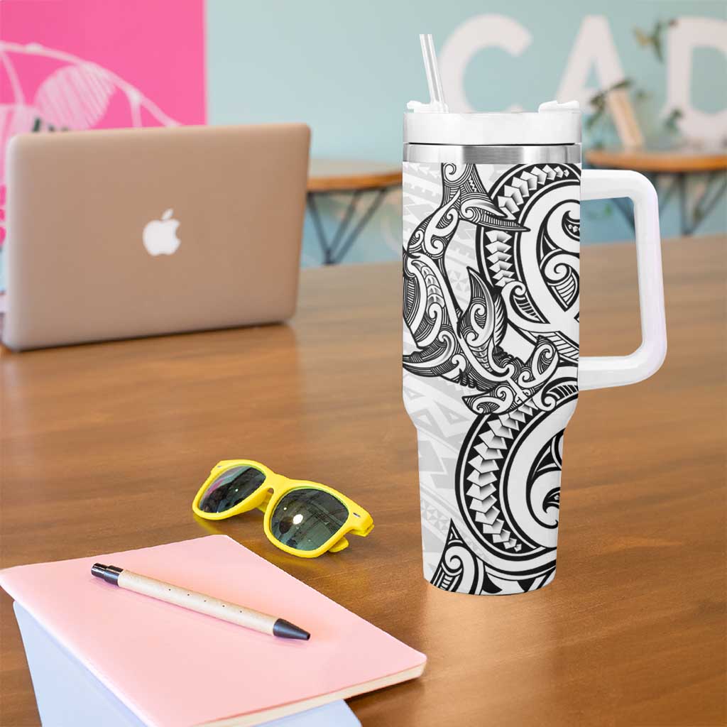 New Zealand Hammerhead Shark Tumbler With Handle Maori Haehae Mangopare White - Aussie Hoodie