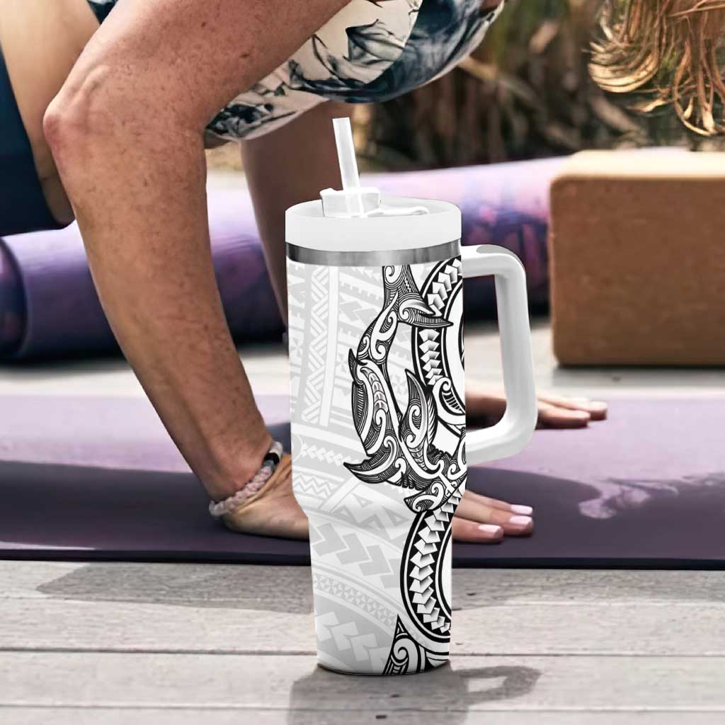 New Zealand Hammerhead Shark Tumbler With Handle Maori Haehae Mangopare White - Aussie Hoodie