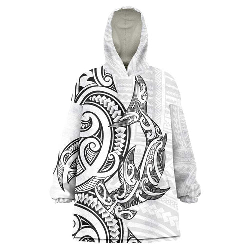 New Zealand Hammerhead Shark Wearable Blanket Hoodie Maori Haehae Mangopare White - Aussie Hoodie