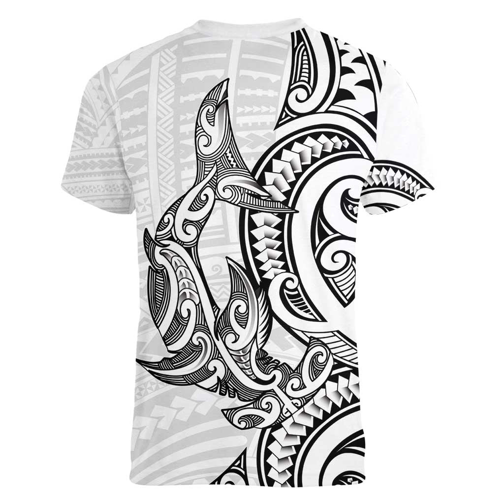 New Zealand Hammerhead Shark Women V-Neck T-Shirt Maori Haehae Mangopare White - Aussie Hoodie