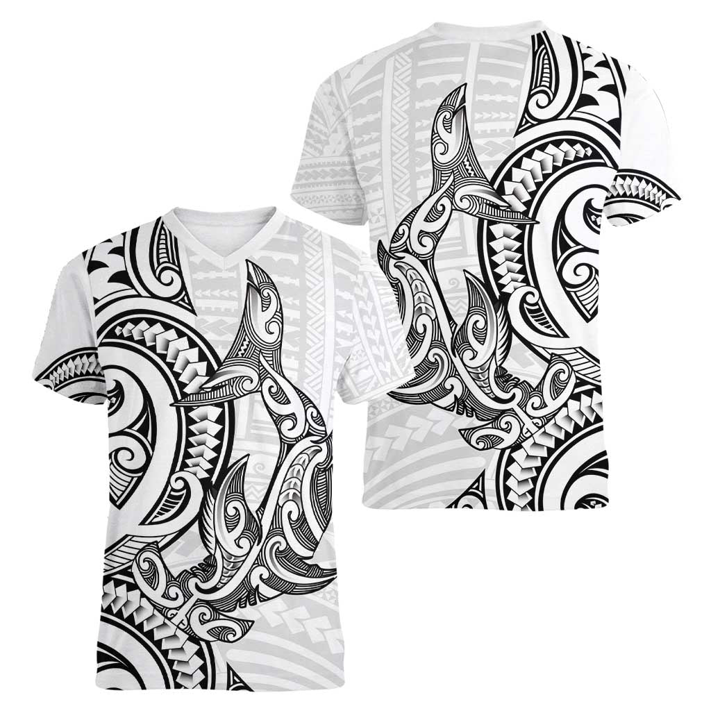 New Zealand Hammerhead Shark Women V-Neck T-Shirt Maori Haehae Mangopare White - Aussie Hoodie