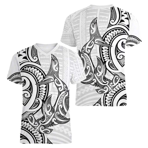 New Zealand Hammerhead Shark Women V-Neck T-Shirt Maori Haehae Mangopare White - Aussie Hoodie