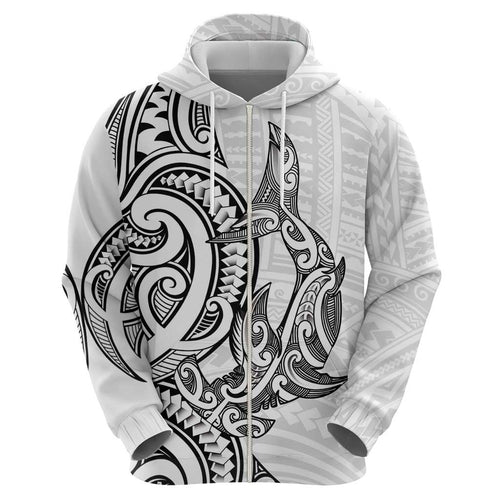 New Zealand Hammerhead Shark Zip Hoodie Maori Haehae Mangopare White - Aussie Hoodie