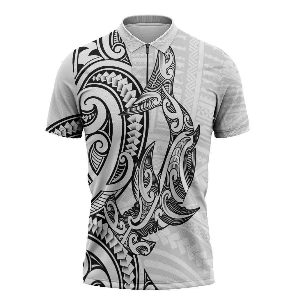 New Zealand Hammerhead Shark Zipper Polo Shirt Maori Haehae Mangopare White - Aussie Hoodie