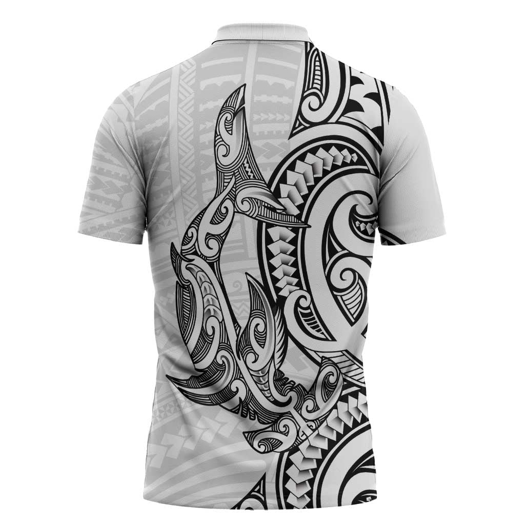 New Zealand Hammerhead Shark Zipper Polo Shirt Maori Haehae Mangopare White - Aussie Hoodie