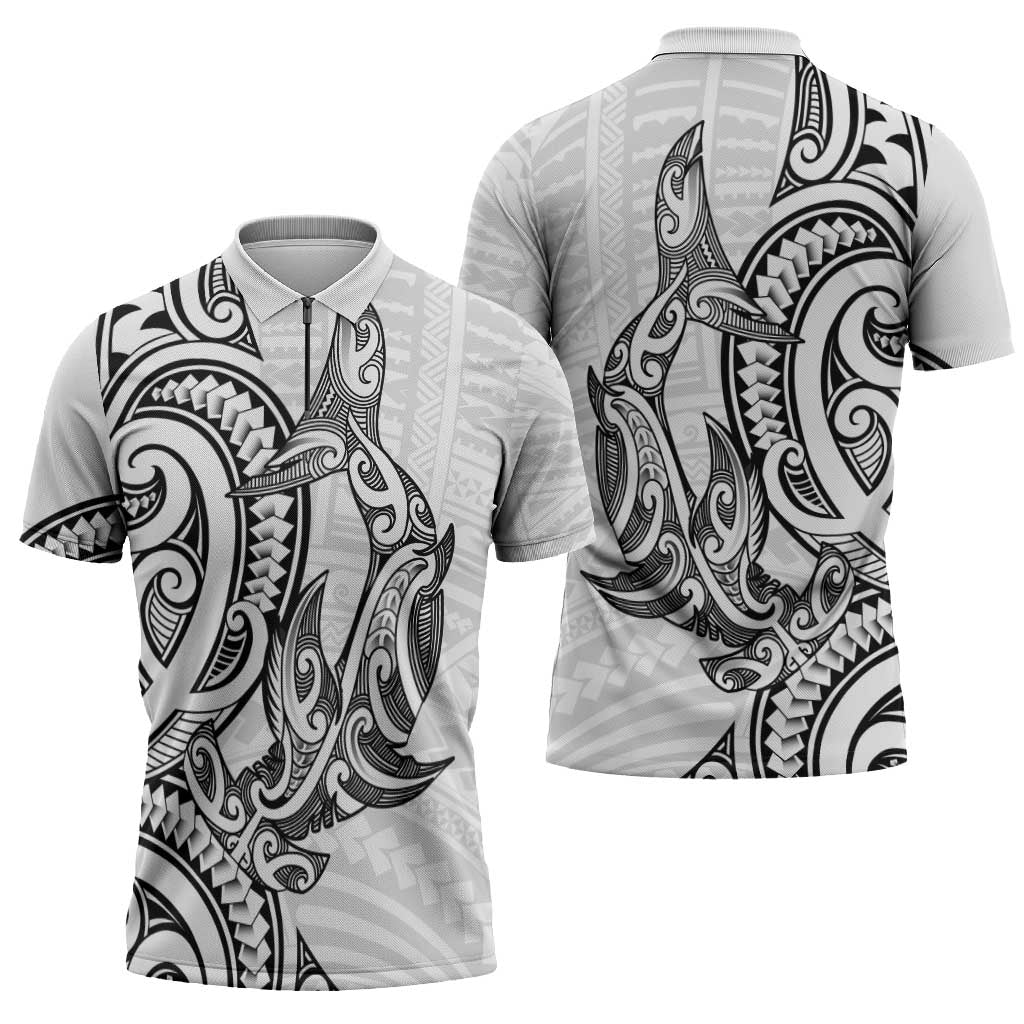 New Zealand Hammerhead Shark Zipper Polo Shirt Maori Haehae Mangopare White - Aussie Hoodie