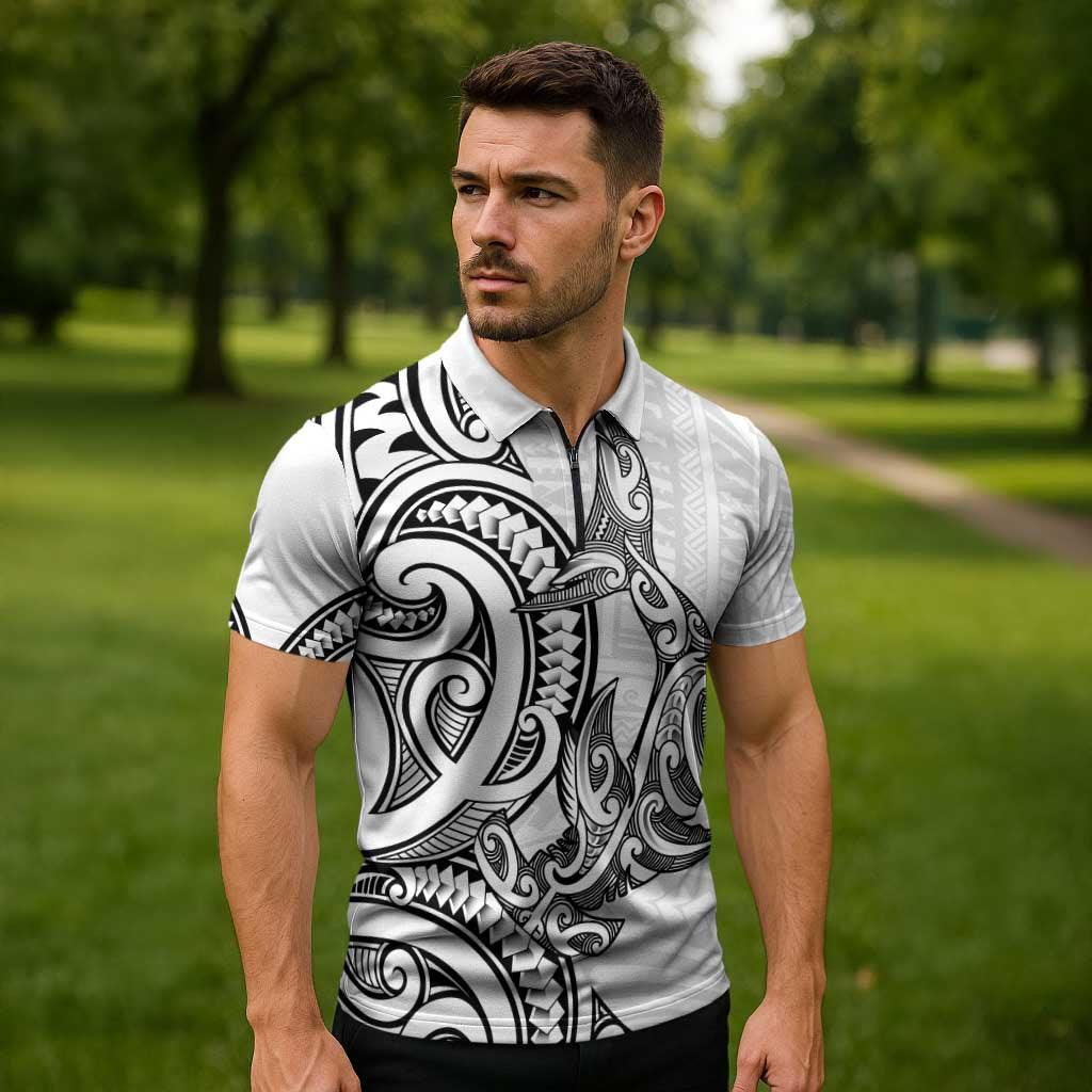 New Zealand Hammerhead Shark Zipper Polo Shirt Maori Haehae Mangopare White - Aussie Hoodie