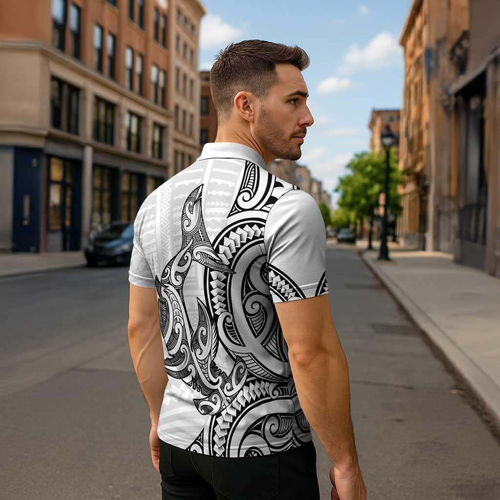 New Zealand Hammerhead Shark Zipper Polo Shirt Maori Haehae Mangopare White - Aussie Hoodie