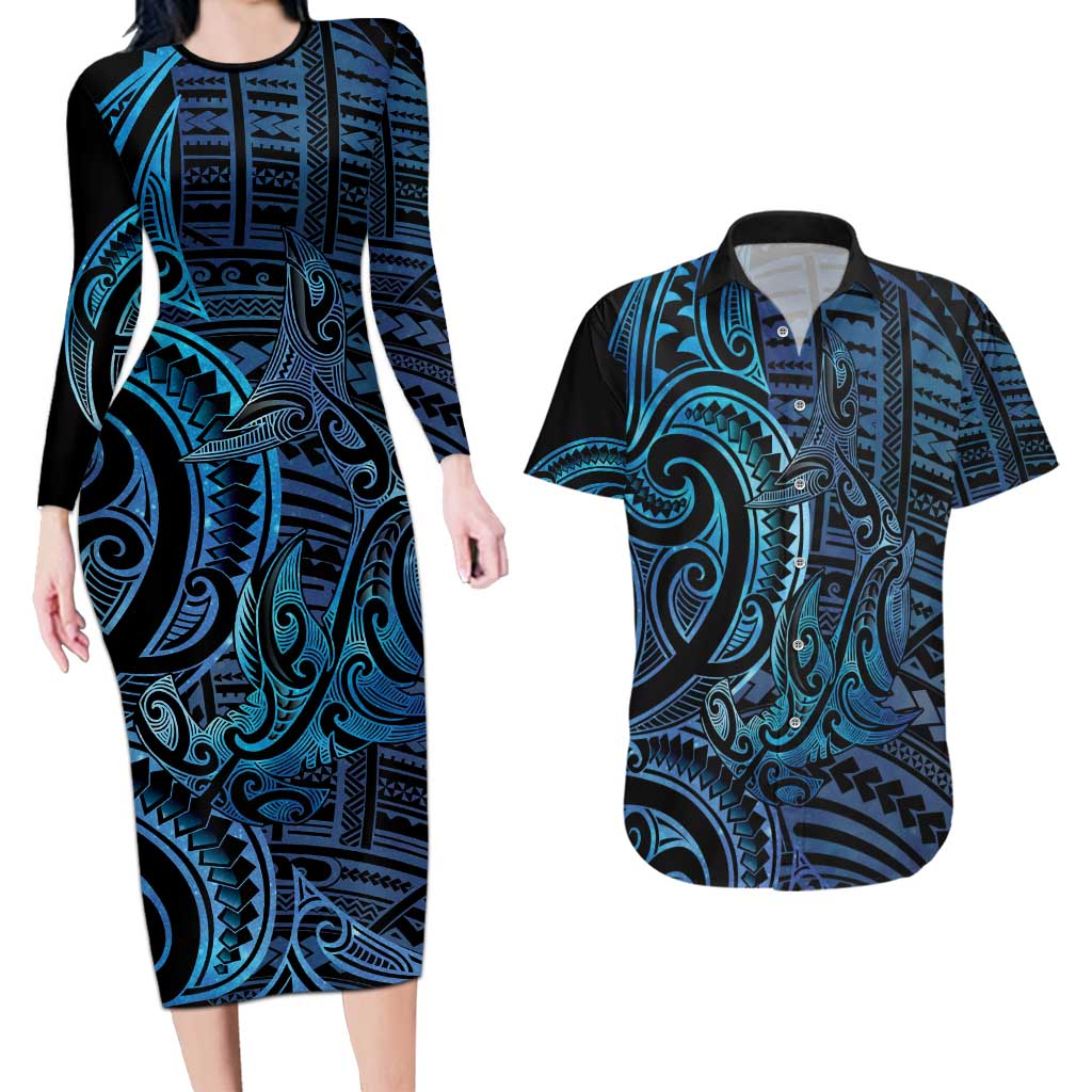 New Zealand Hammerhead Shark Couples Matching Long Sleeve Bodycon Dress and Hawaiian Shirt Maori Haehae Mangopare Galaxy - Aussie Hoodie