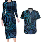 New Zealand Hammerhead Shark Couples Matching Long Sleeve Bodycon Dress and Hawaiian Shirt Maori Haehae Mangopare Galaxy - Aussie Hoodie