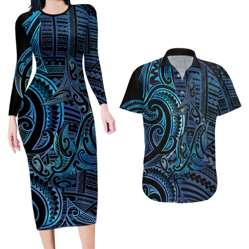 New Zealand Hammerhead Shark Couples Matching Long Sleeve Bodycon Dress and Hawaiian Shirt Maori Haehae Mangopare Galaxy - Aussie Hoodie
