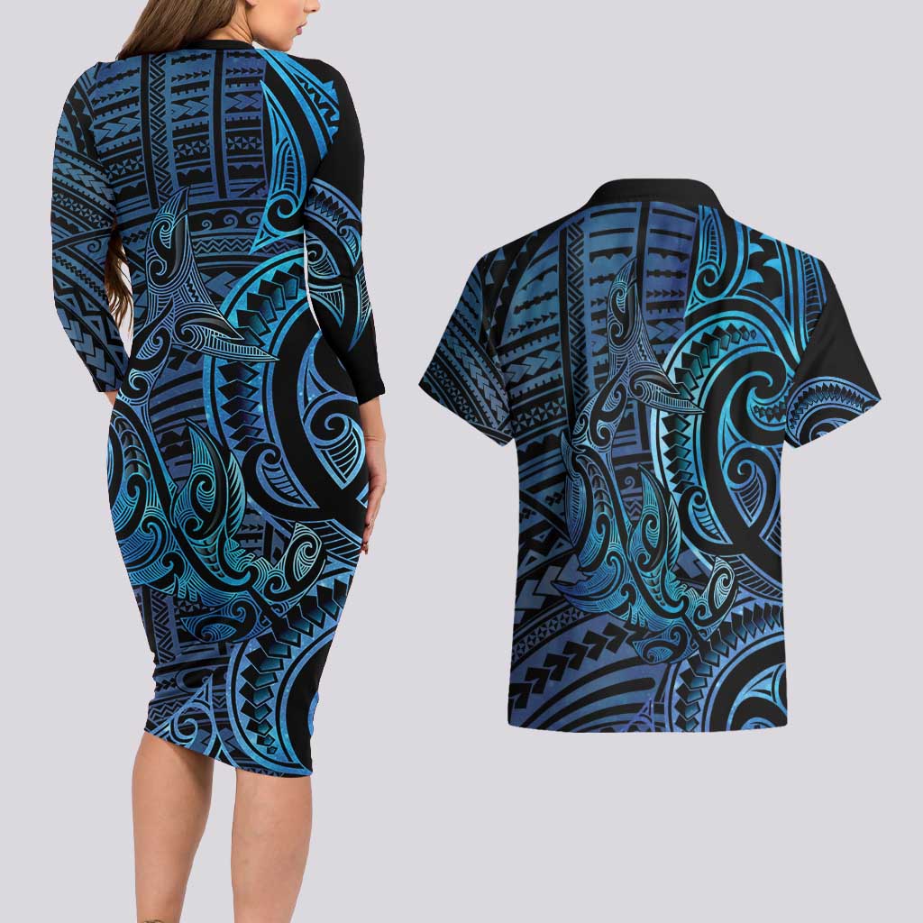 New Zealand Hammerhead Shark Couples Matching Long Sleeve Bodycon Dress and Hawaiian Shirt Maori Haehae Mangopare Galaxy - Aussie Hoodie