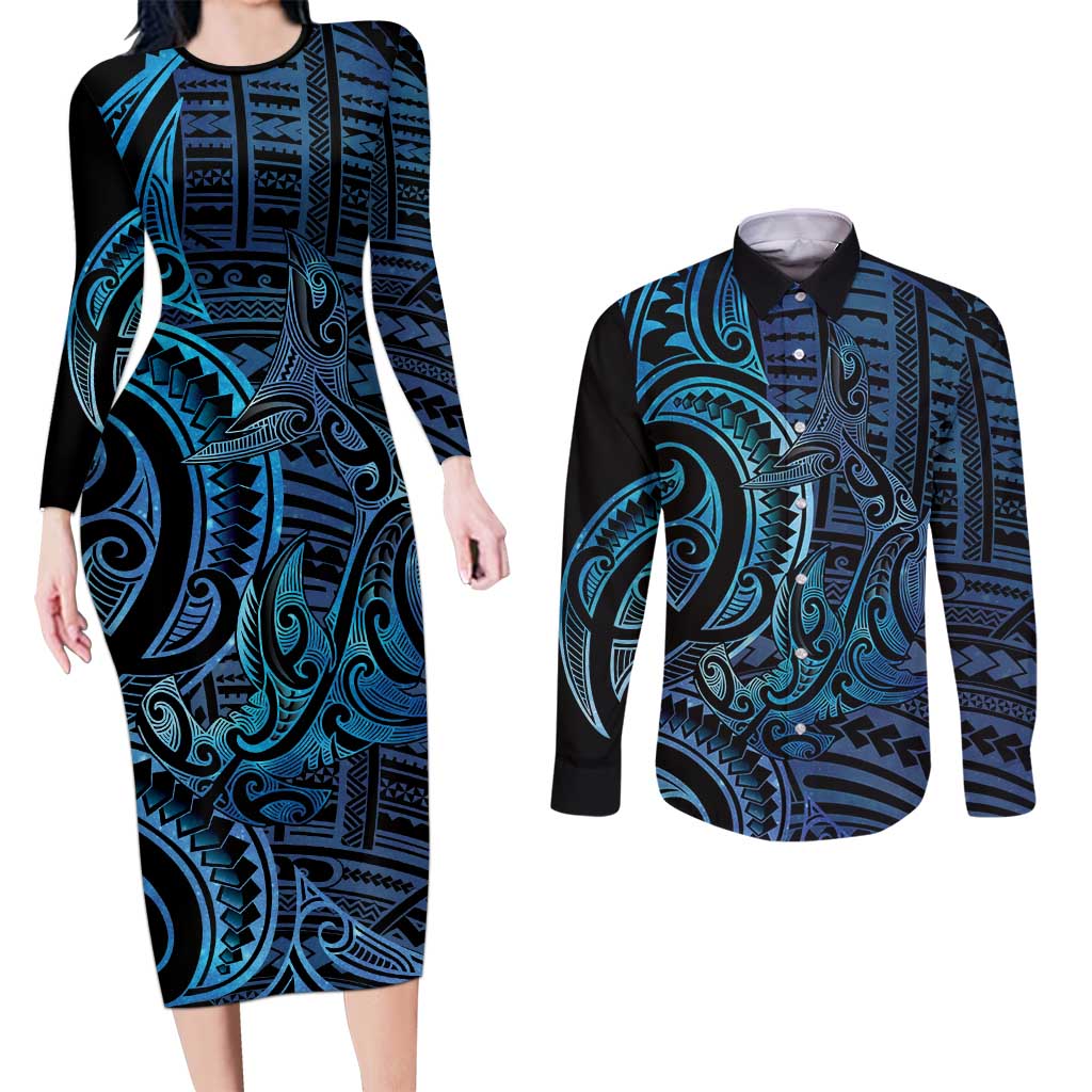 New Zealand Hammerhead Shark Couples Matching Long Sleeve Bodycon Dress and Long Sleeve Button Shirt Maori Haehae Mangopare Galaxy - Aussie Hoodie