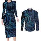 New Zealand Hammerhead Shark Couples Matching Long Sleeve Bodycon Dress and Long Sleeve Button Shirt Maori Haehae Mangopare Galaxy - Aussie Hoodie