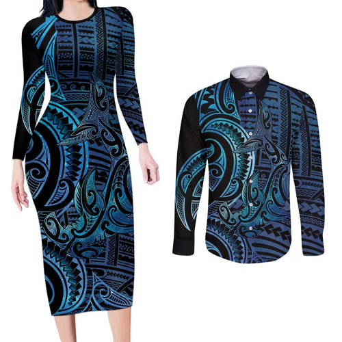 New Zealand Hammerhead Shark Couples Matching Long Sleeve Bodycon Dress and Long Sleeve Button Shirt Maori Haehae Mangopare Galaxy - Aussie Hoodie