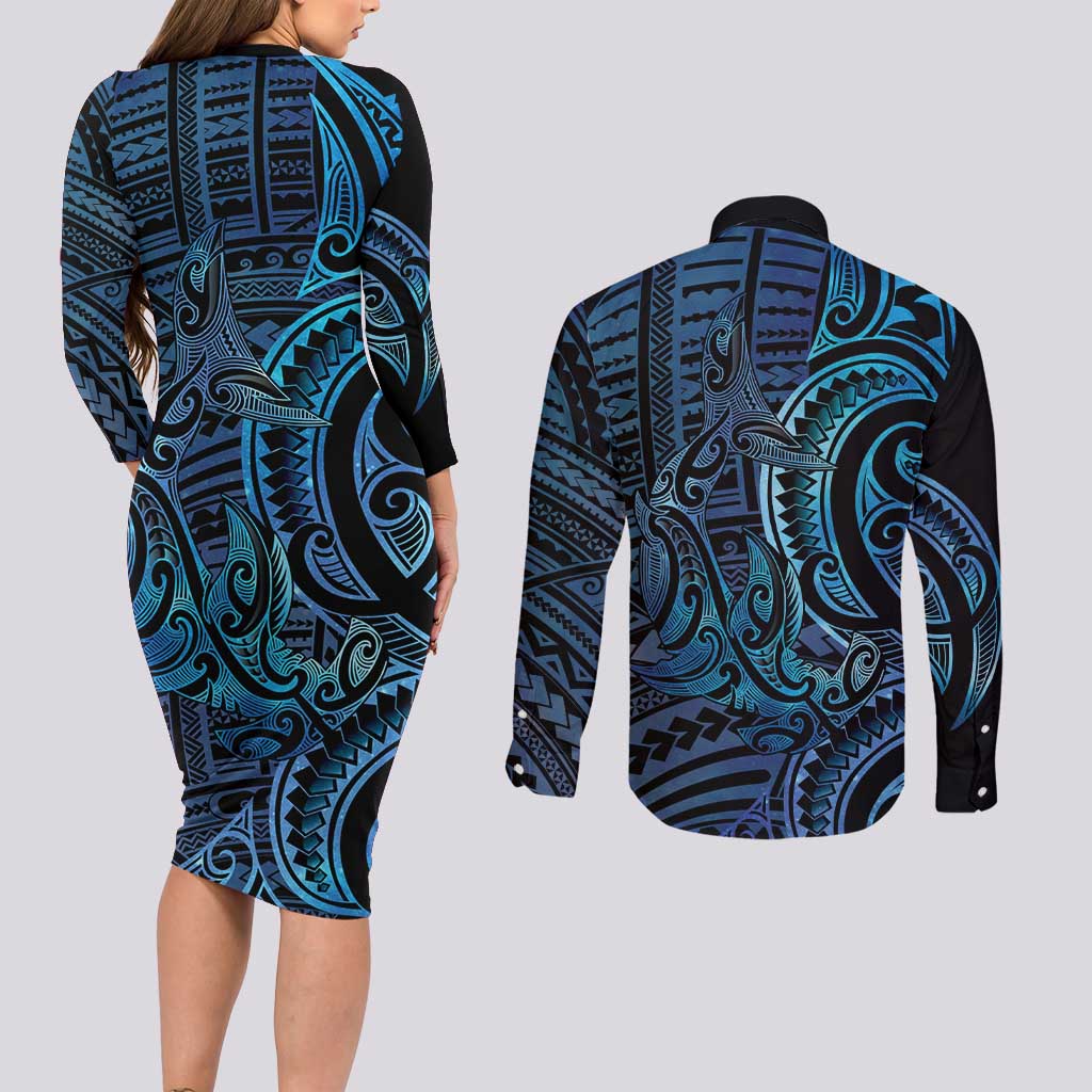 New Zealand Hammerhead Shark Couples Matching Long Sleeve Bodycon Dress and Long Sleeve Button Shirt Maori Haehae Mangopare Galaxy - Aussie Hoodie