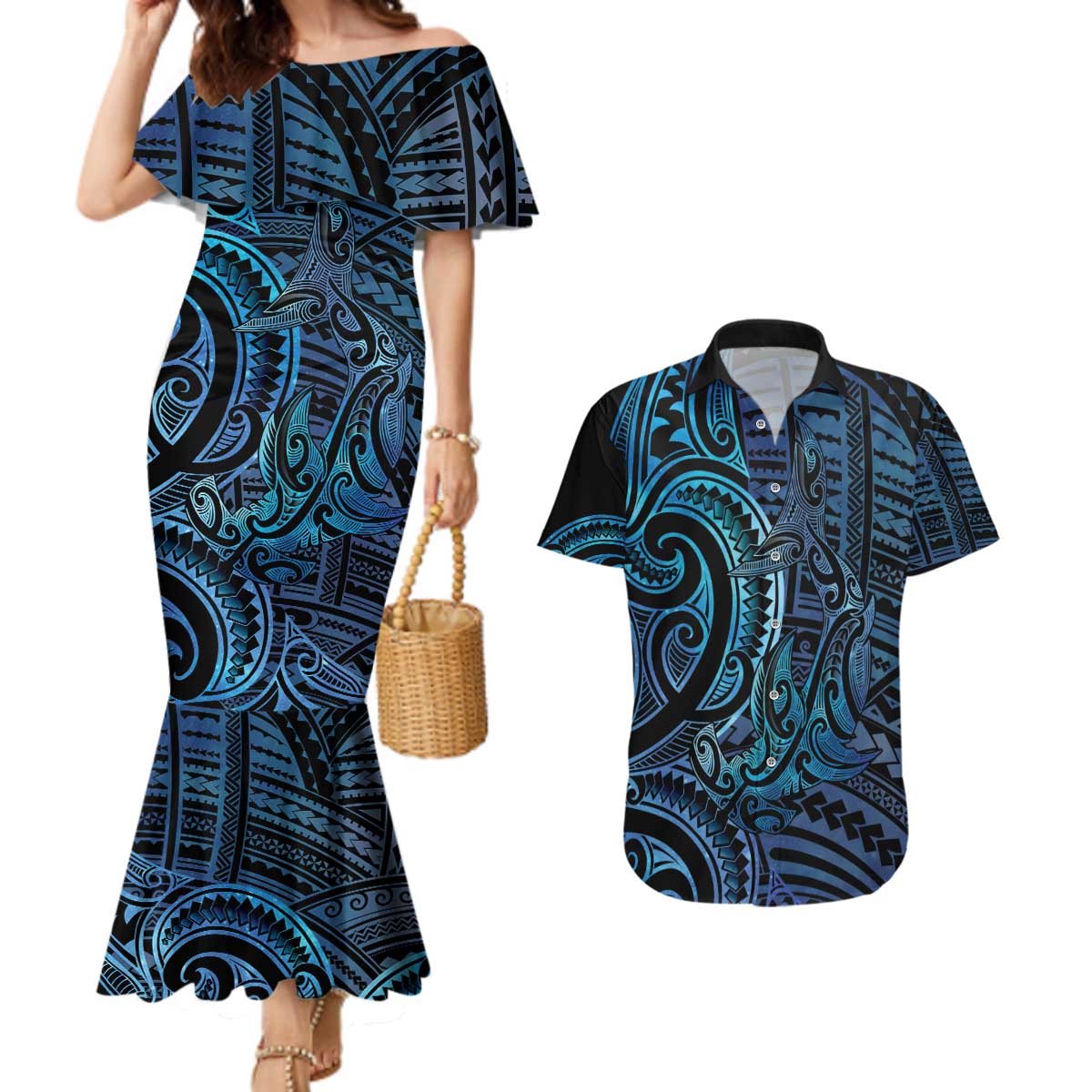 New Zealand Hammerhead Shark Couples Matching Mermaid Dress and Hawaiian Shirt Maori Haehae Mangopare Galaxy - Aussie Hoodie