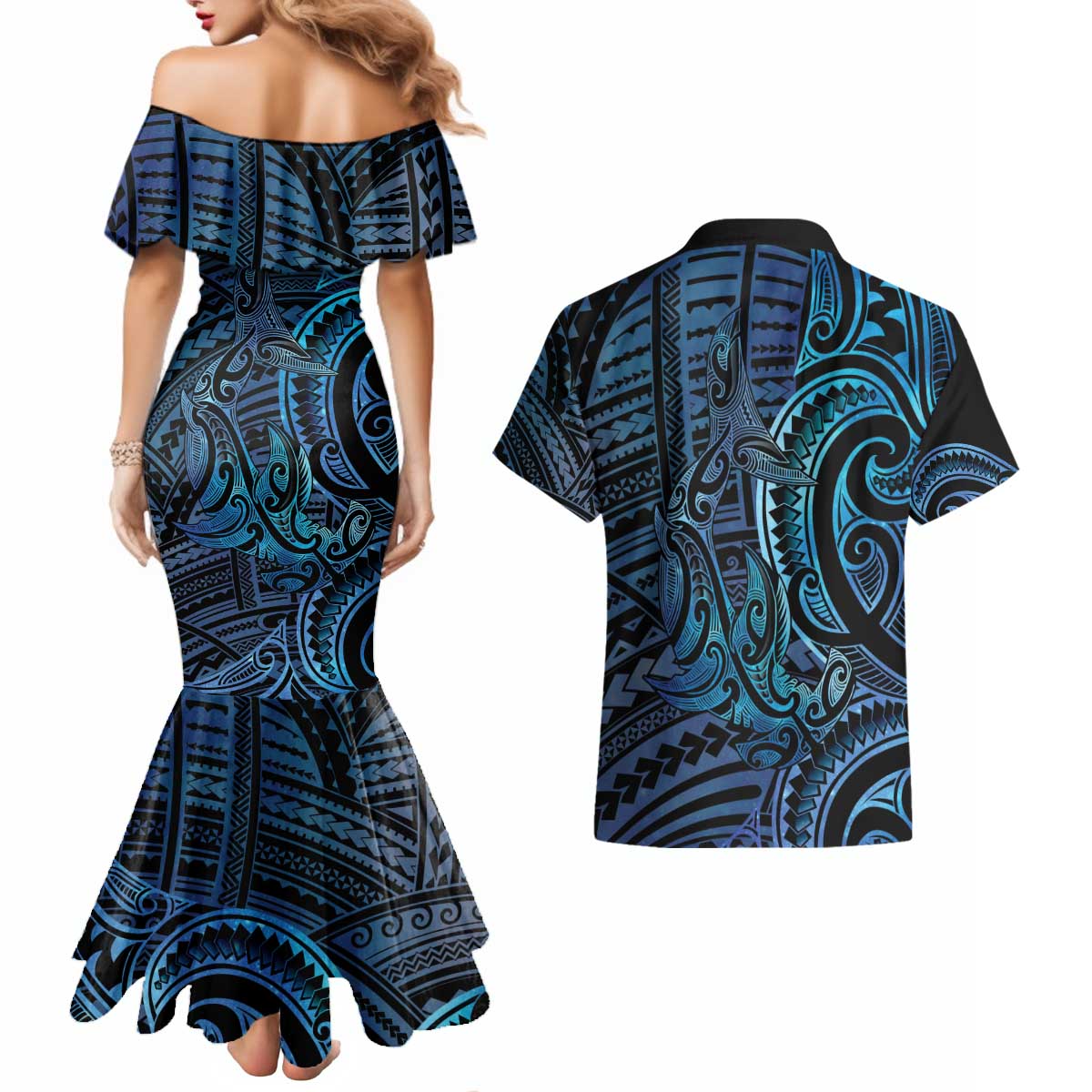 New Zealand Hammerhead Shark Couples Matching Mermaid Dress and Hawaiian Shirt Maori Haehae Mangopare Galaxy - Aussie Hoodie