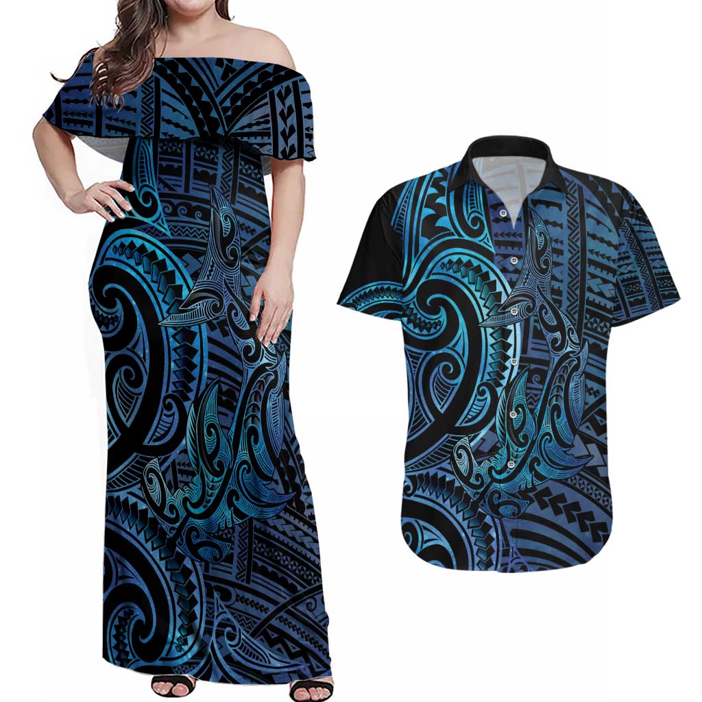 New Zealand Hammerhead Shark Couples Matching Off Shoulder Maxi Dress and Hawaiian Shirt Maori Haehae Mangopare Galaxy - Aussie Hoodie