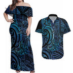New Zealand Hammerhead Shark Couples Matching Off Shoulder Maxi Dress and Hawaiian Shirt Maori Haehae Mangopare Galaxy - Aussie Hoodie